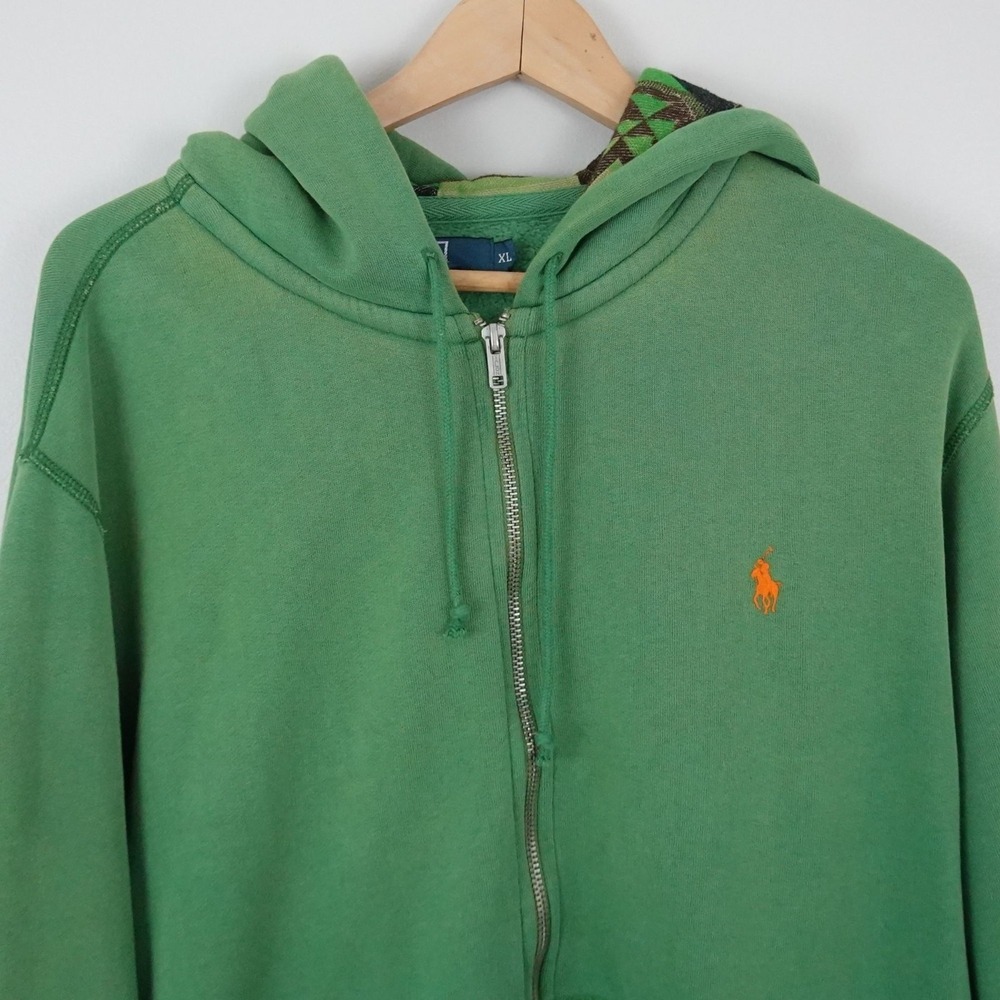 VTG Polo‎ Ralph Lauren Green Full Zip Hoodie XL Aztec Hood Lining Fleece Lined